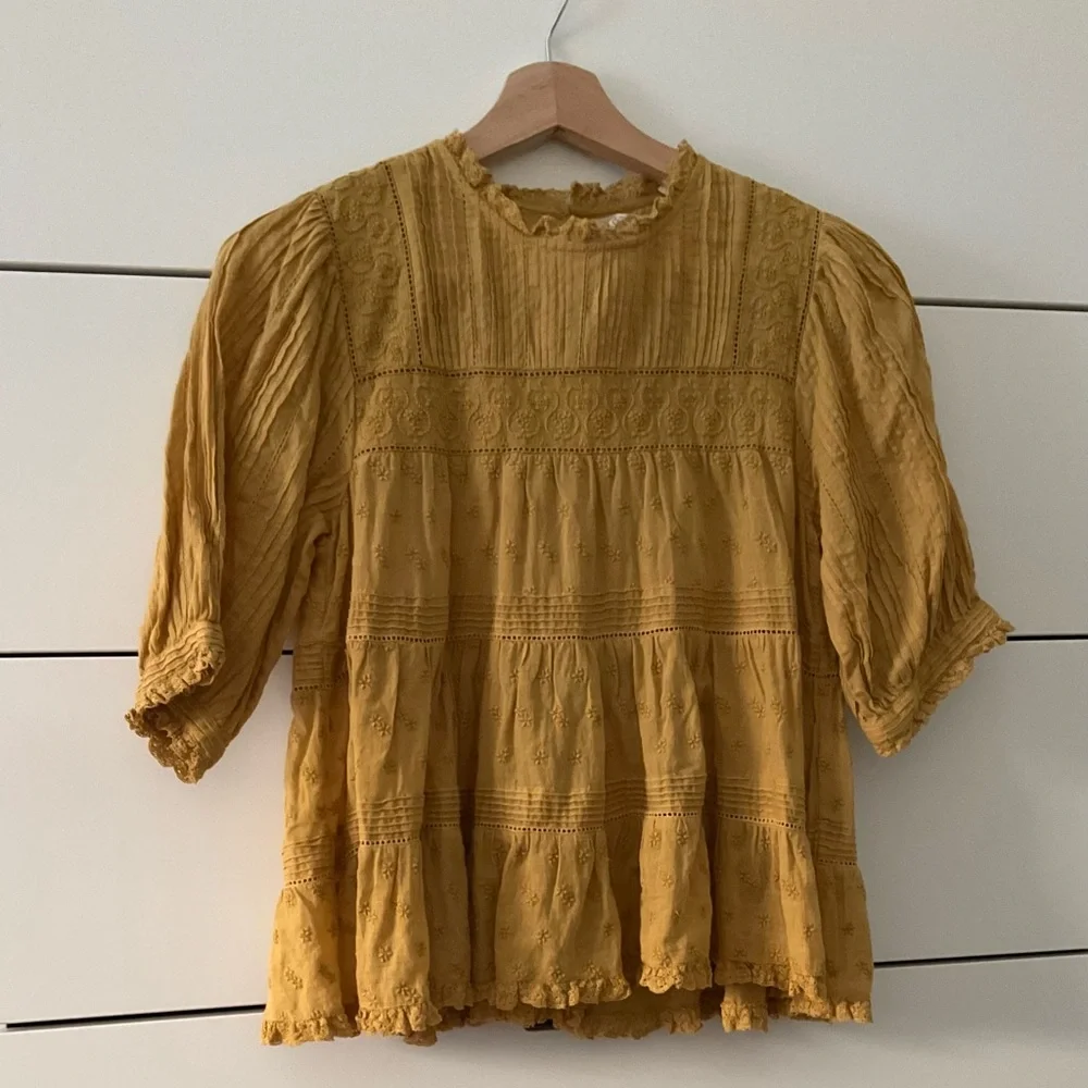 Doen Mustard Yellow Cotton Pintuck Peplum Blouse